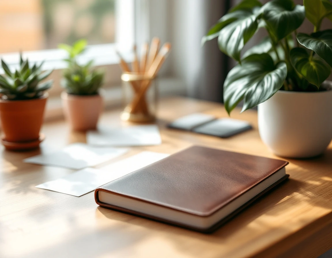 Wooden desk workspace with closed notebook, potted plants, and office supplies in natural lighting