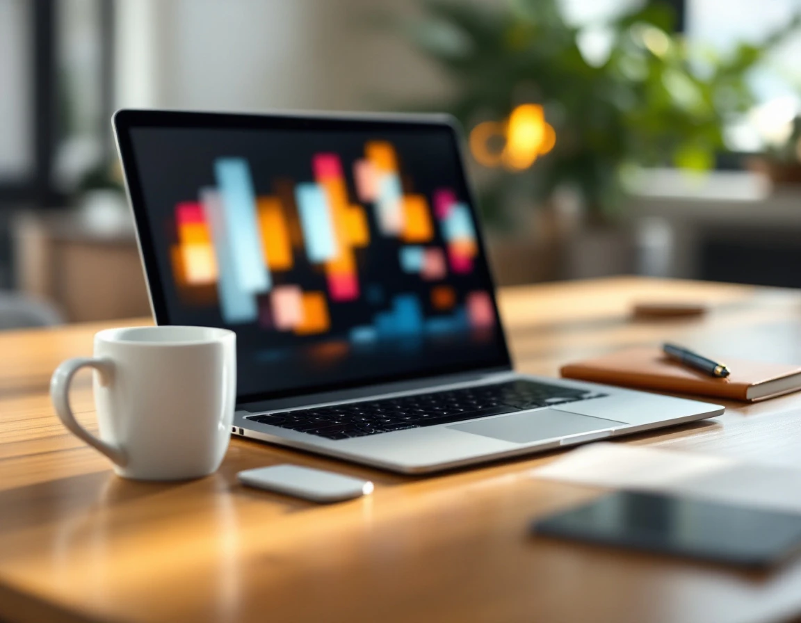 Laptop with blurred screen on wooden desk beside coffee mug and notebook in bright office workspace