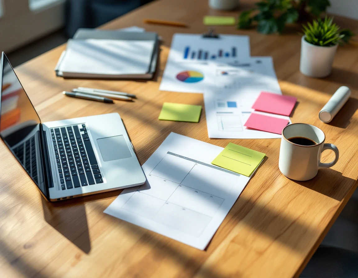 Overhead view of organized desk workspace with blank scheduling documents and office planning materials