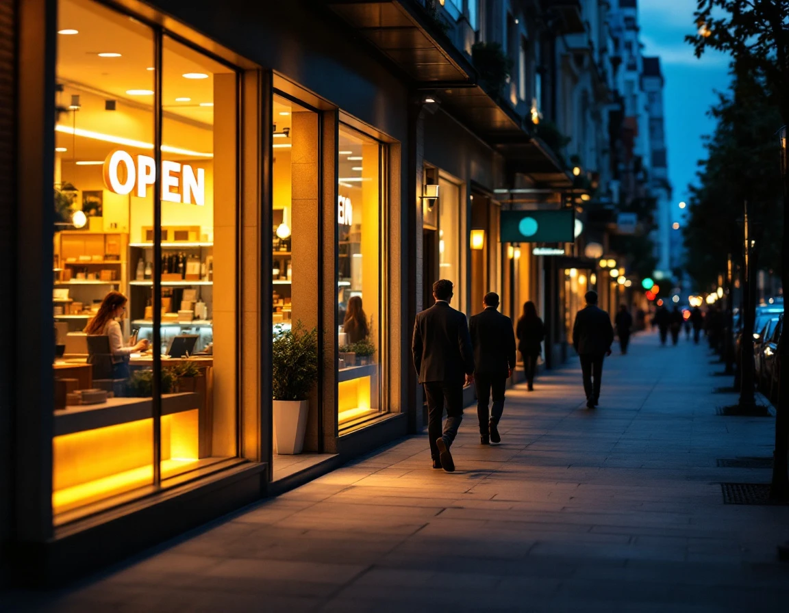 Retail district street at dusk showing staffed storefronts and controlled pedestrian activity