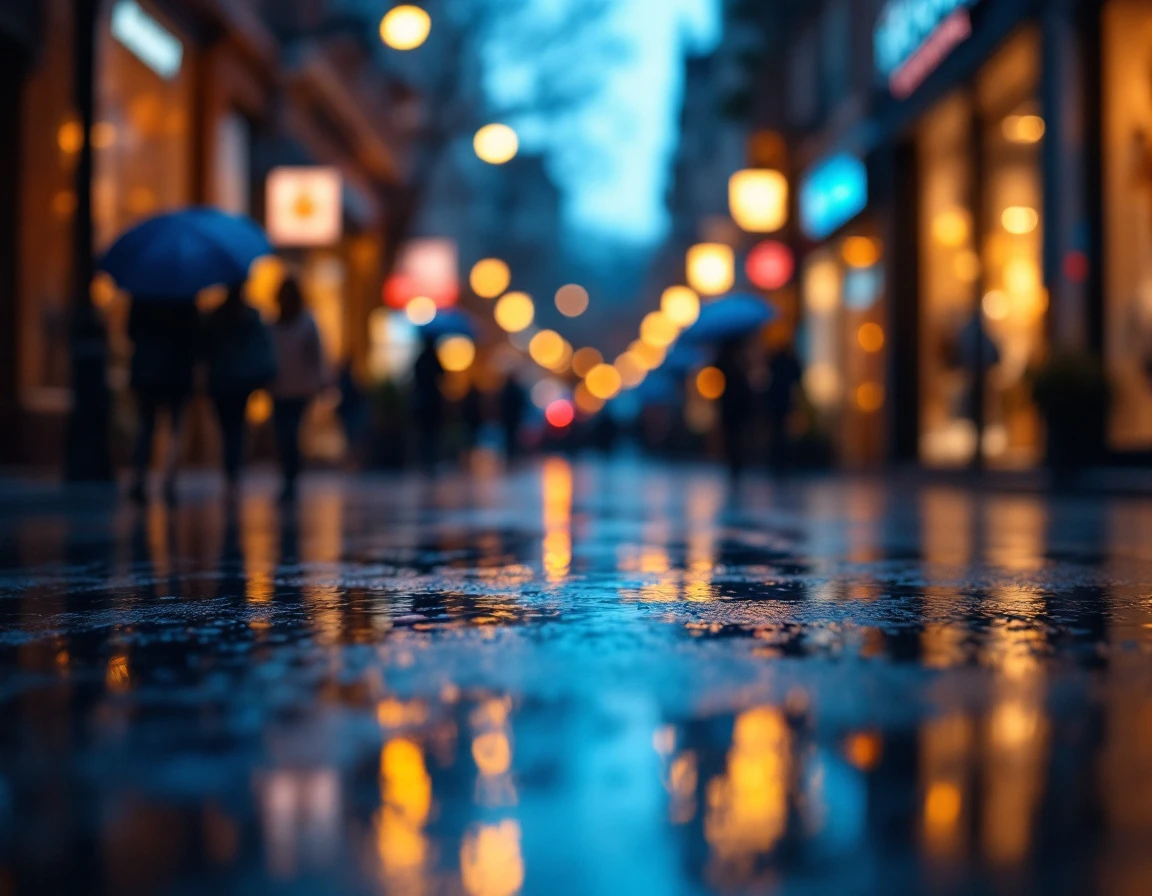 Rain-slicked retail street at dusk with silhouetted shoppers under umbrellas reflecting store lights