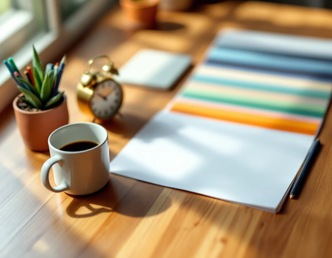 Organized workspace with coffee, plants, and blurred scheduling documents on wooden desk with natural window light