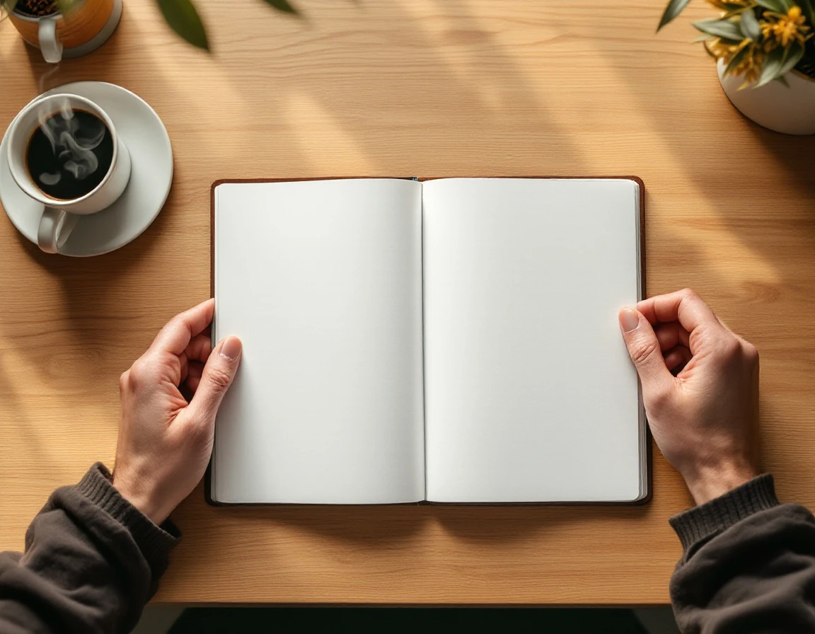 Overhead view of blank planner and coffee on wooden desk with hands in natural planning position
