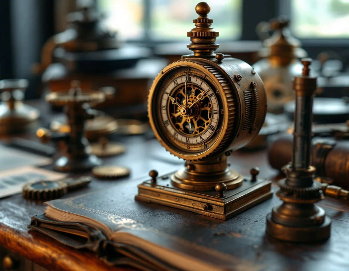 Vintage brass clock mechanism and industrial instruments on wooden desk with natural lighting