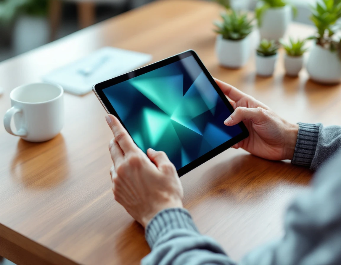 Retail manager reviewing workforce analytics on tablet at office desk with natural lighting
