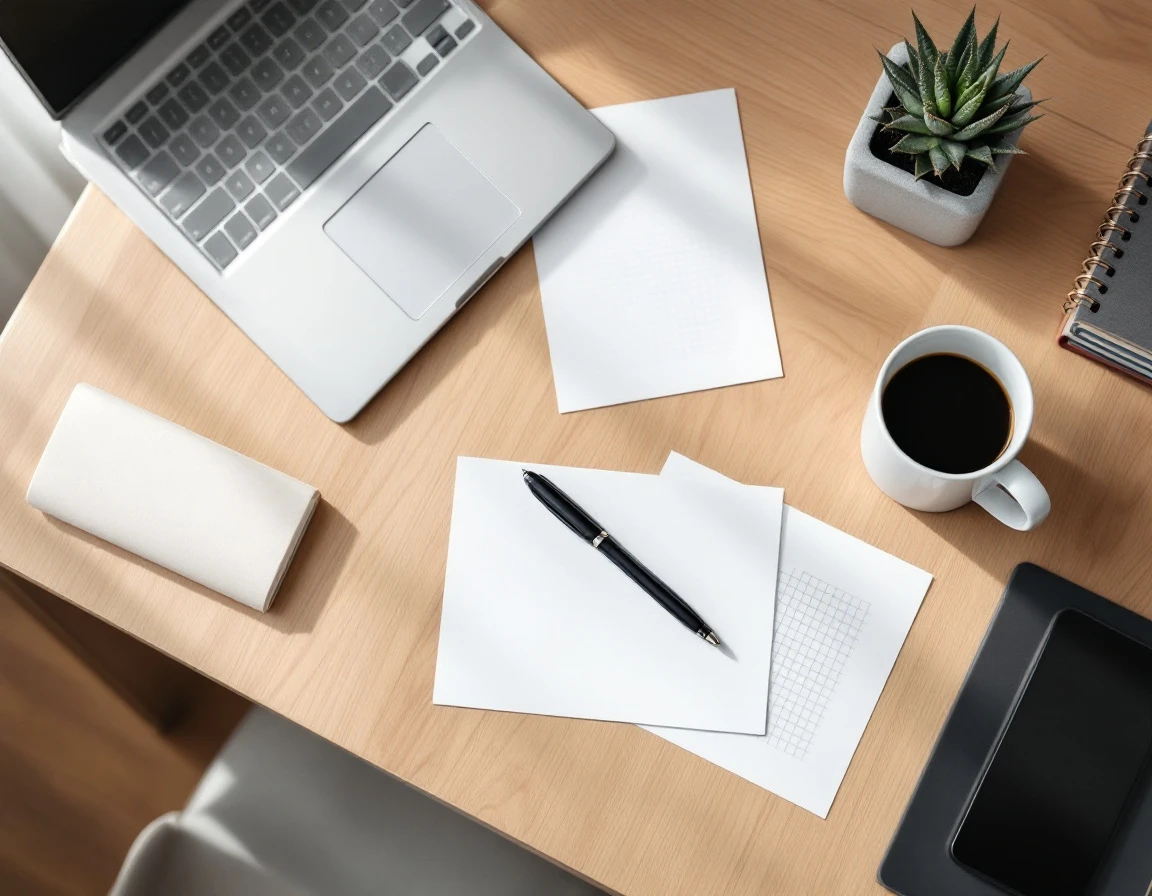 Overhead view of organized workspace desk with laptop, coffee, plant, and blank planning documents