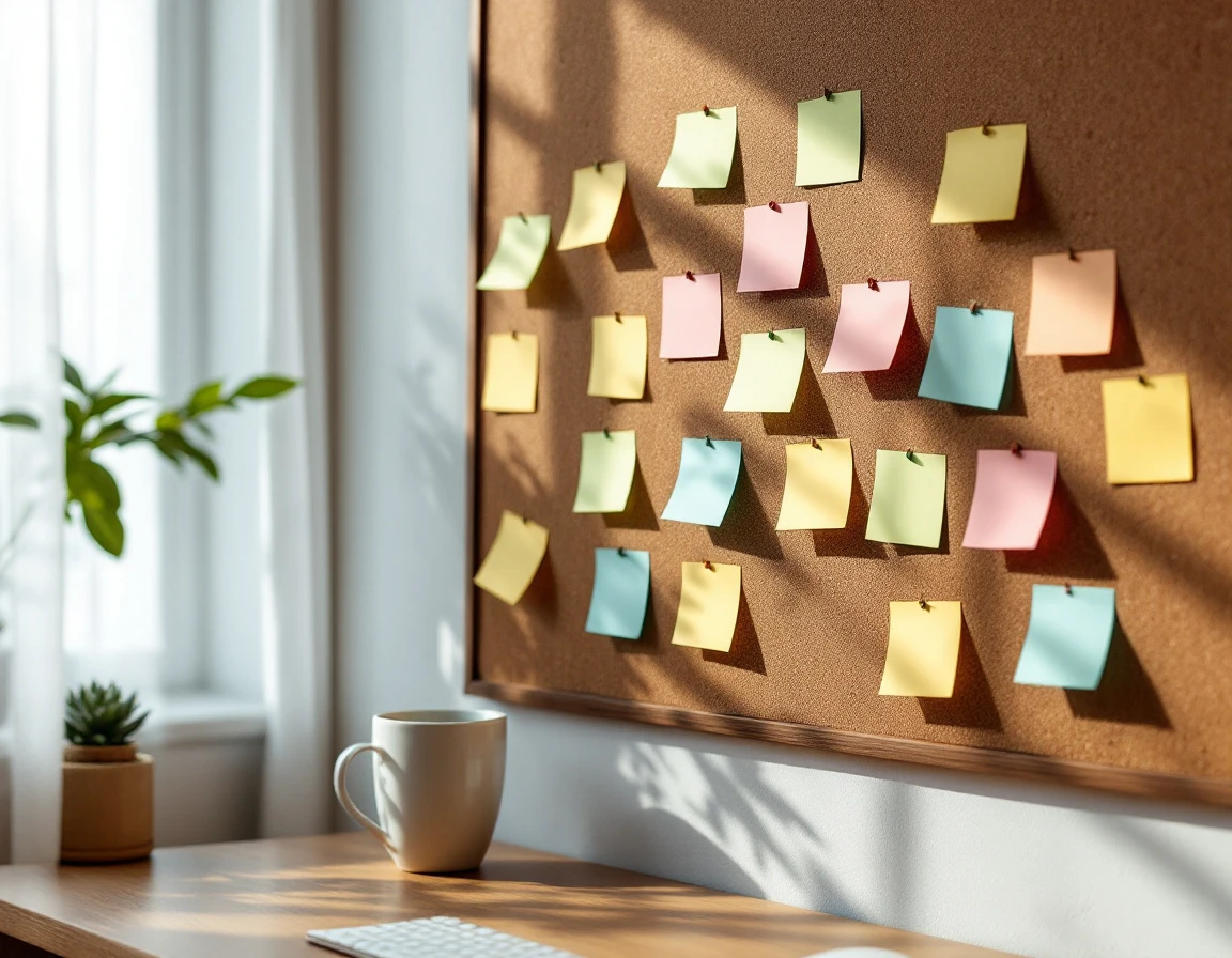 Cork board with color-coded sticky notes arranged in shift management patterns under natural office lighting