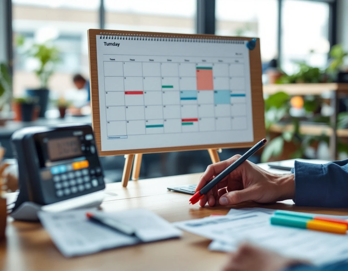 Physical calendar and shift scheduling materials arranged on modern office desk with natural lighting