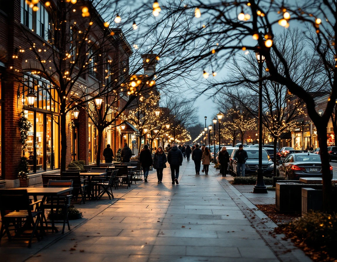 Suburban retail shopping district at dusk during the holiday season with varying customer traffic patterns