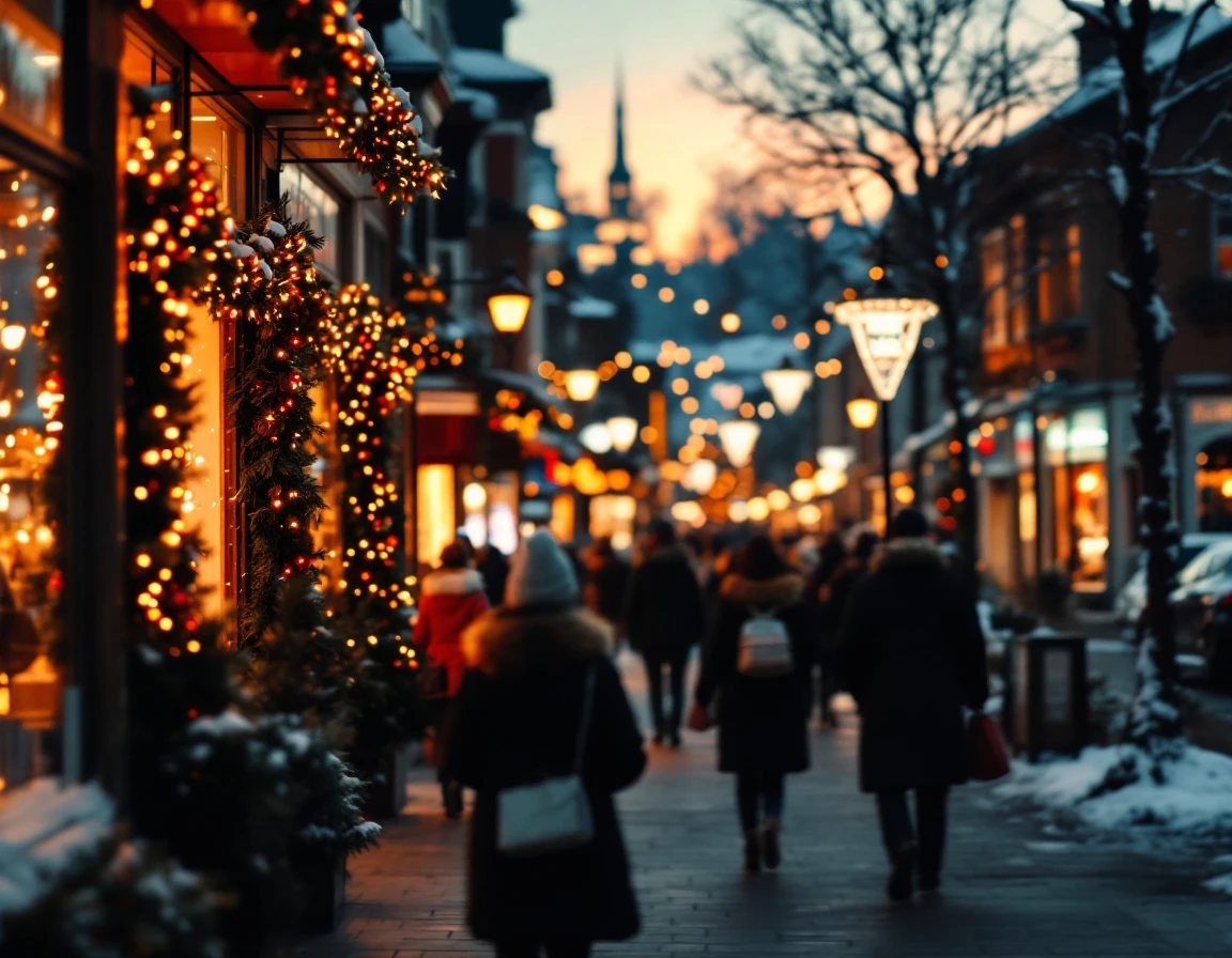Holiday shopping district at dusk with varied customer traffic patterns across multiple retail storefronts