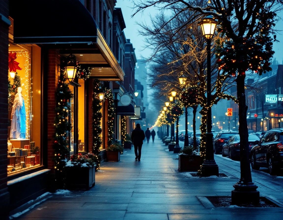 Quiet retail street in early morning hours before holiday shopping rush with staff preparing storefronts