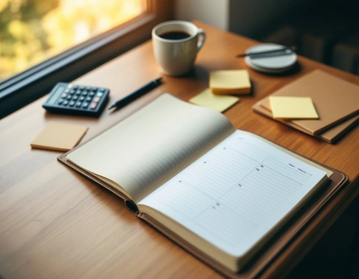 Overhead view of organized desk workspace with blank planner, folders, and scheduling materials in natural light