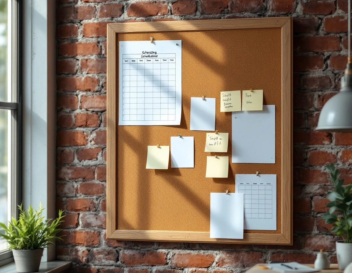 Cork board with scheduling materials pinned in organic arrangement on brick wall with natural window lighting