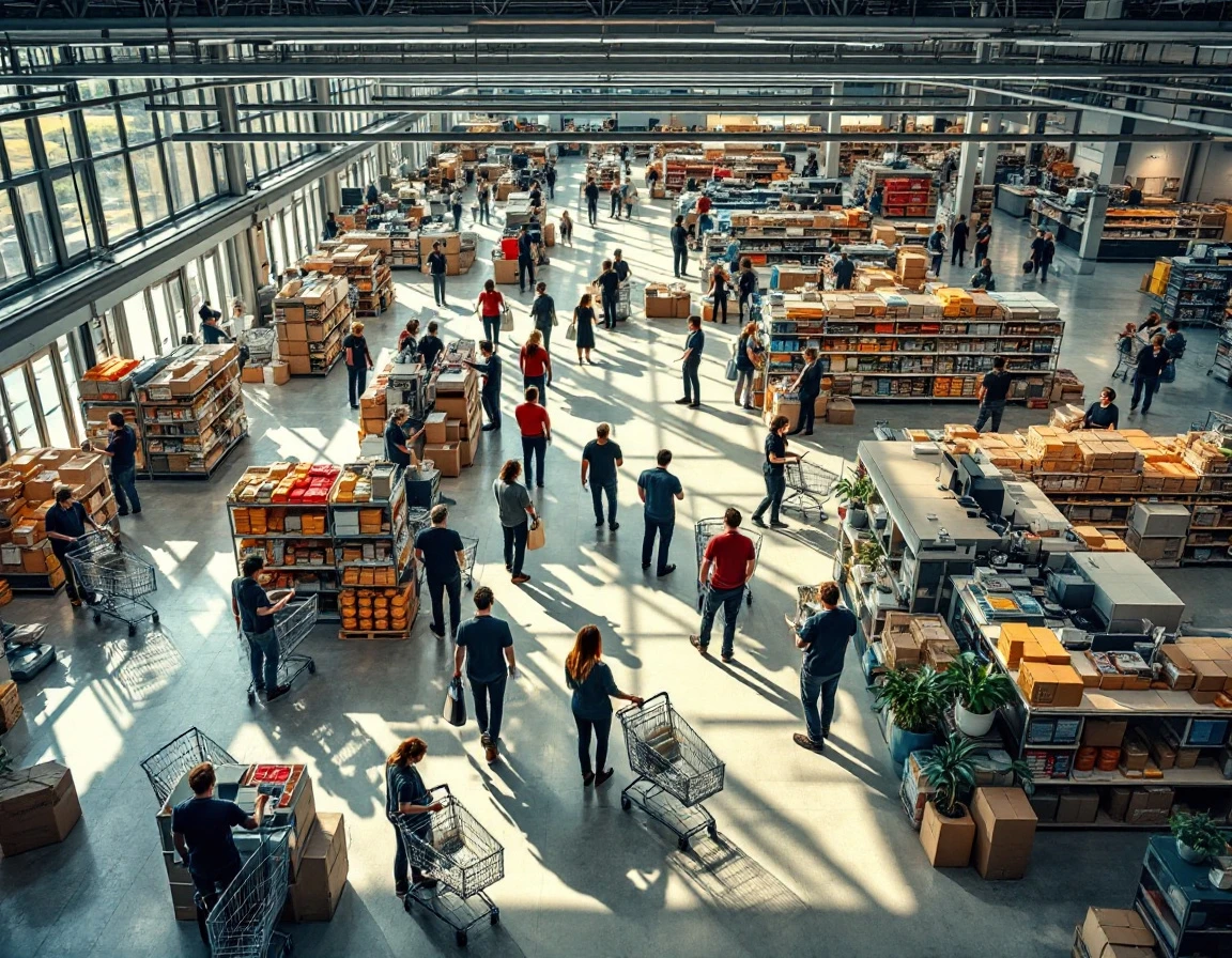 Retail store floor during business hours with employees working throughout organized merchandise aisles