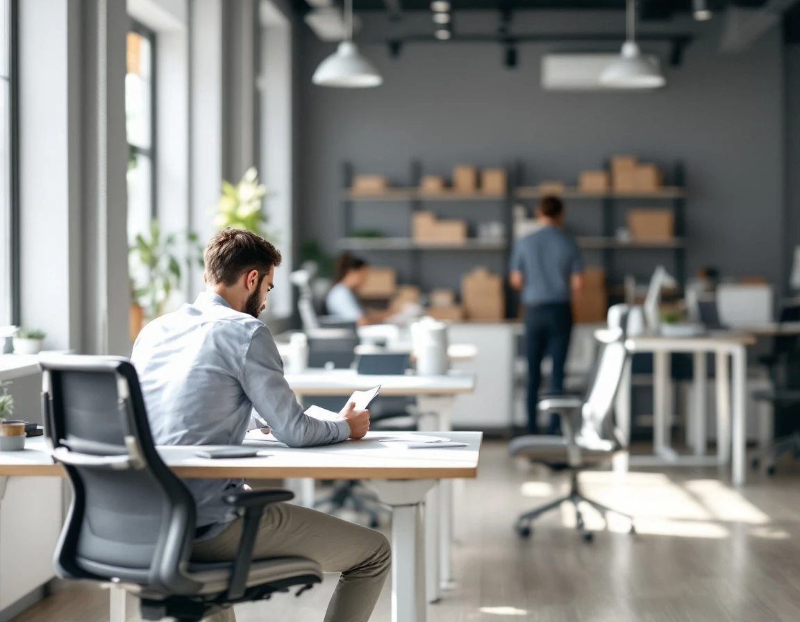 Retail manager working at modern office desk reviewing labor productivity metrics and planning documents