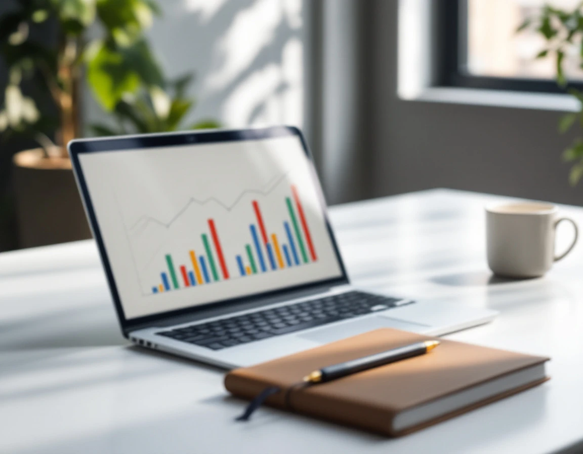 Retail manager's desk with laptop displaying performance graphs and productivity analytics tools