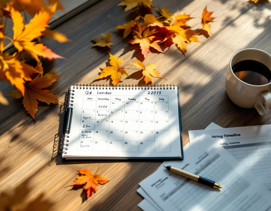 Workspace with calendar, budget spreadsheet, and autumn leaves during Q4 labor planning preparation