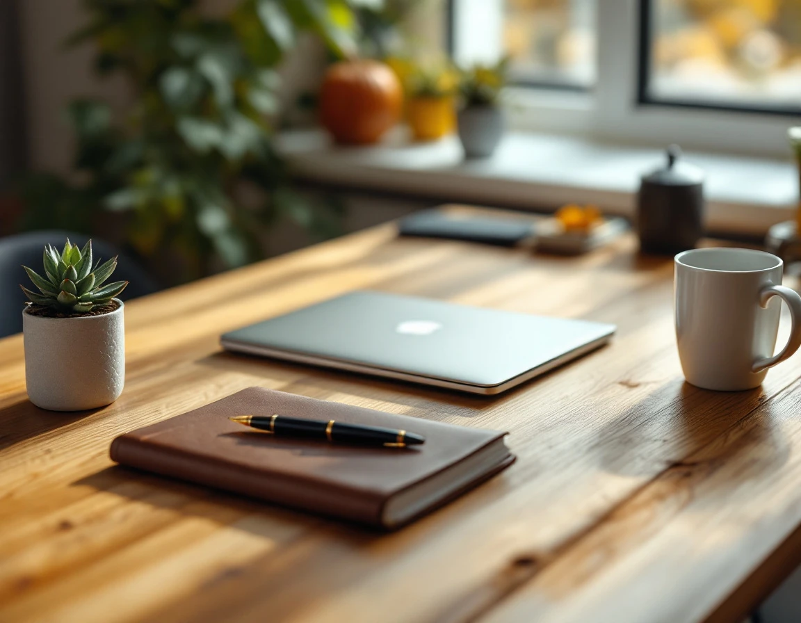 Closed laptop on wooden desk with coffee mug, notebook, and plant for Q4 labor planning workspace
