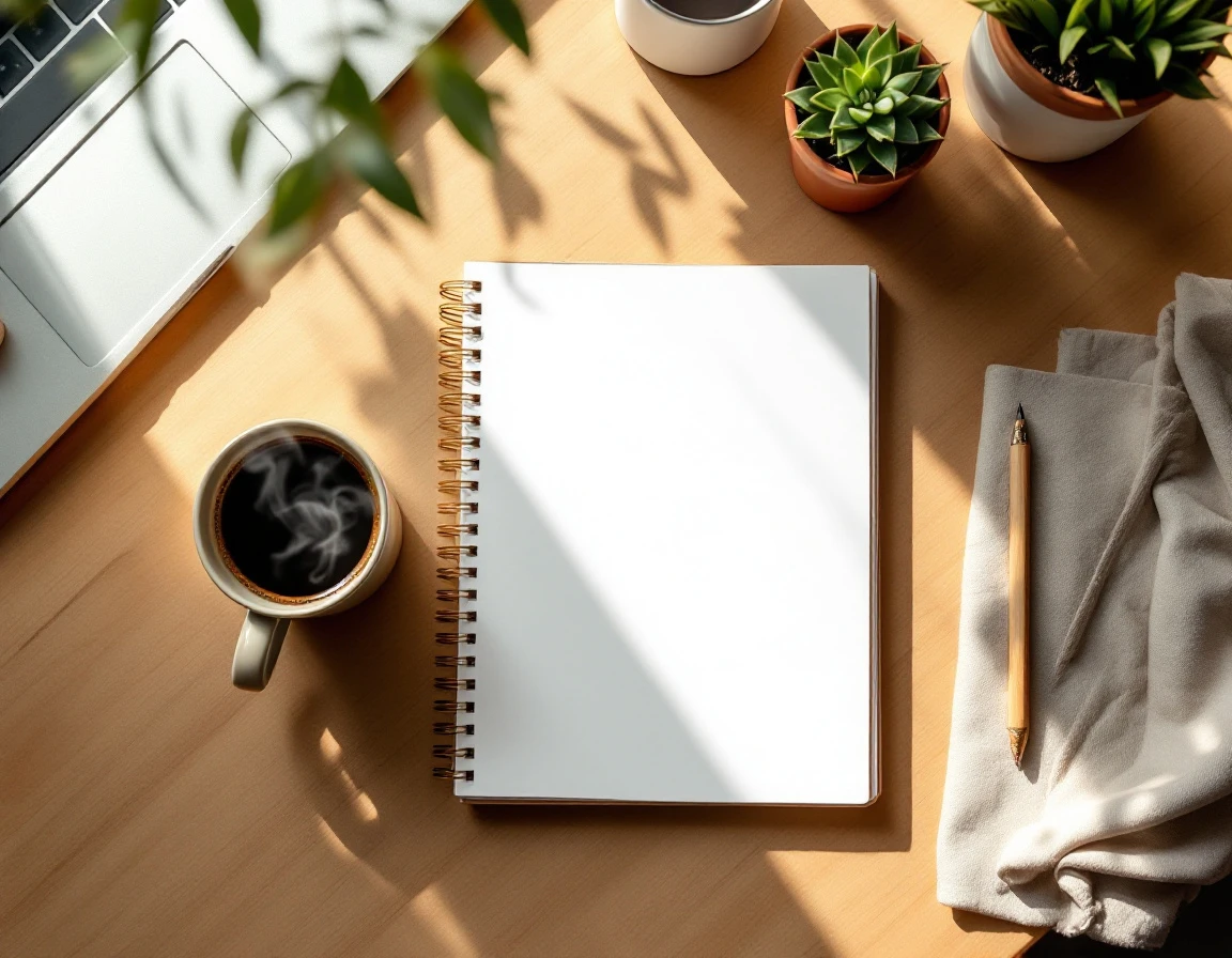 Blank planner and coffee on organized desk workspace with warm natural lighting