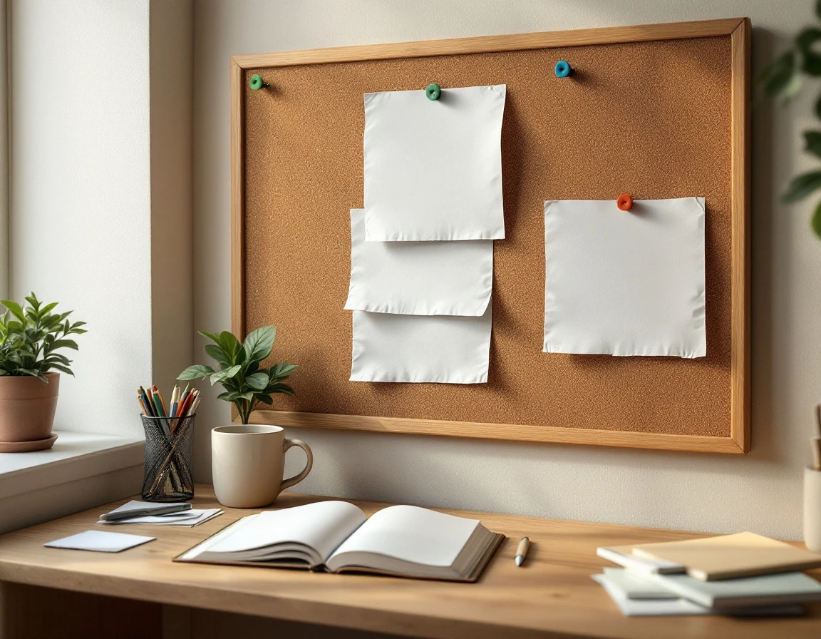 Workspace with cork board and blank planning papers showing scheduling workflow organization