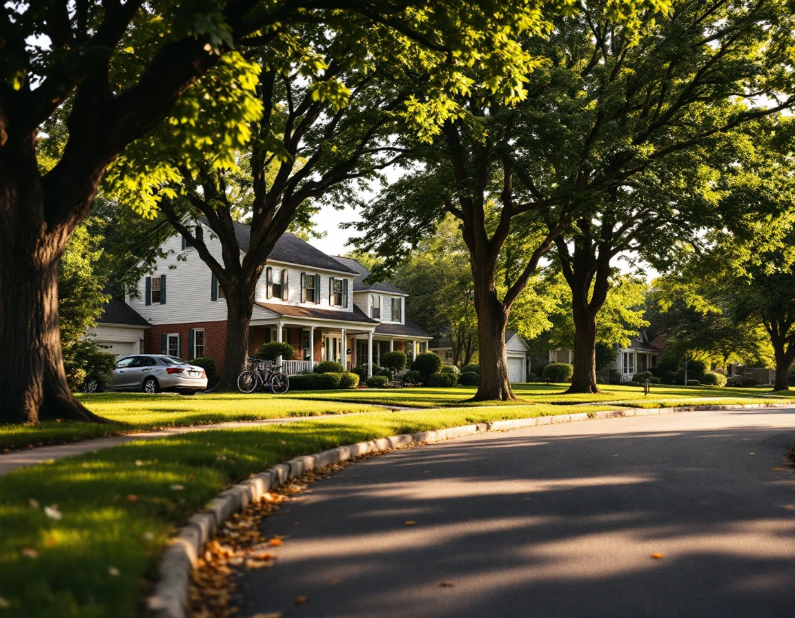 Quiet suburban street with mature trees and colonial homes in established residential neighborhood