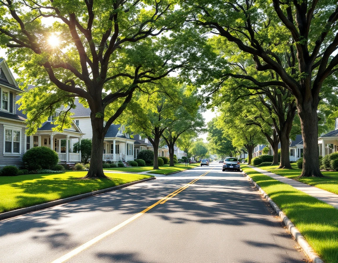 Quiet suburban street lined with homes on a sunny July morning before back-to-school season begins