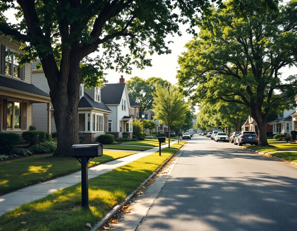 Suburban residential street in late July with varied homes and mature trees before back-to-school season