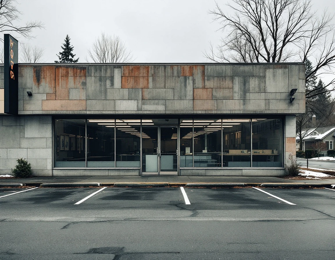 Closed franchise storefront with weathered concrete facade and dark windows on overcast day