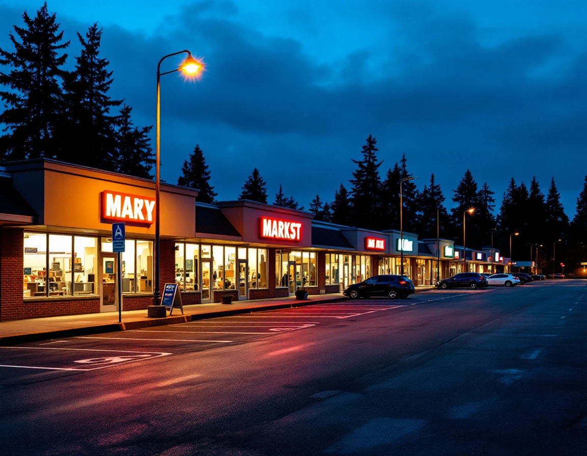 Empty retail strip mall parking lot at dusk with warm street lighting and darkening sky