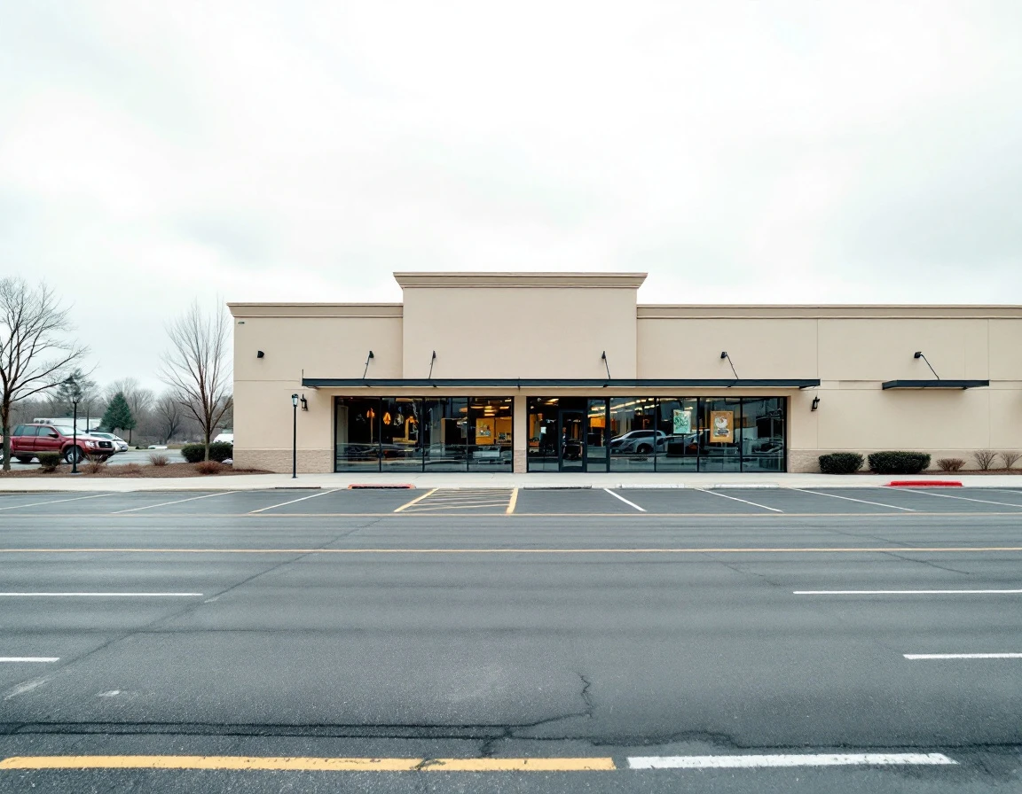 Empty suburban retail strip mall parking lot under overcast sky showing vacant storefronts
