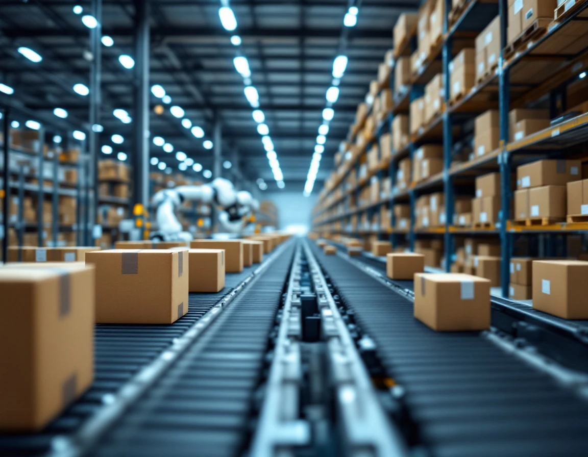 Automated conveyor system moving cardboard boxes through modern e-commerce fulfillment warehouse