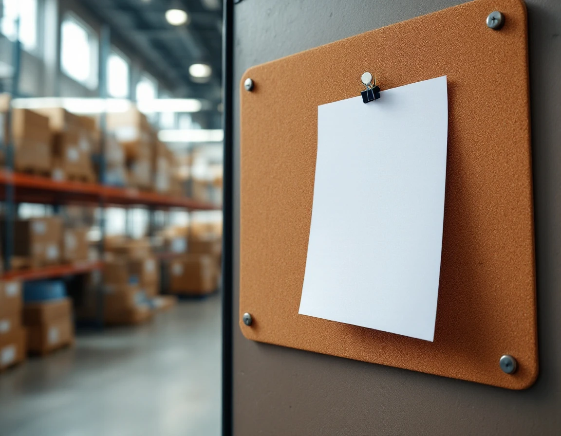 Cork bulletin board in warehouse break room with blurred scheduling document and industrial shelving background
