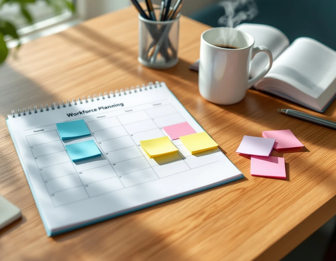 Desk workspace with blank calendar pages, color-coded sticky notes, and coffee for seasonal staffing review