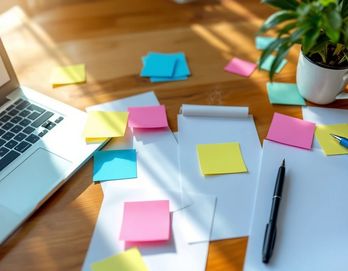 Overhead view of workspace with laptop, colorful sticky notes, and papers for staff evaluation planning