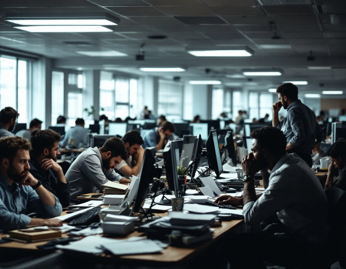 Crowded open-plan office with cluttered desks and workers in close proximity showing workplace strain