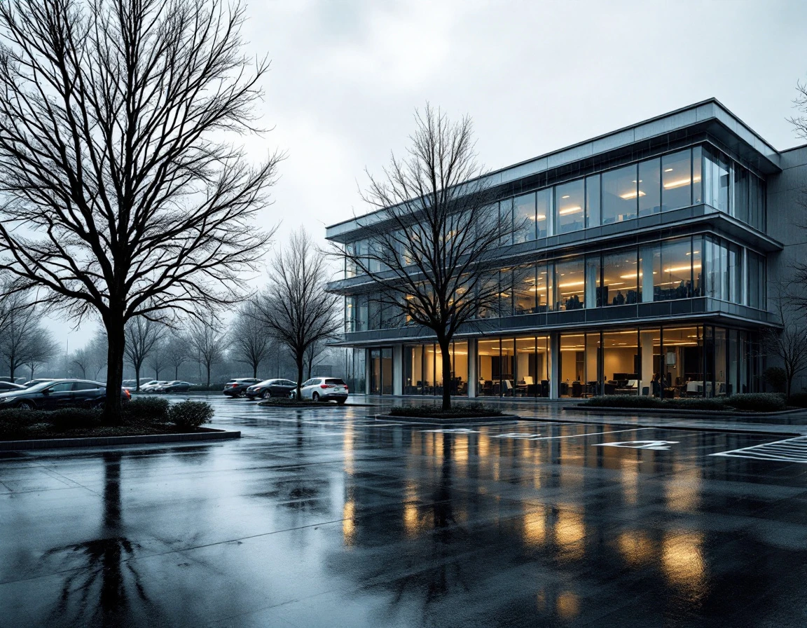 Empty corporate office building parking lot on rainy day showing low workplace occupancy