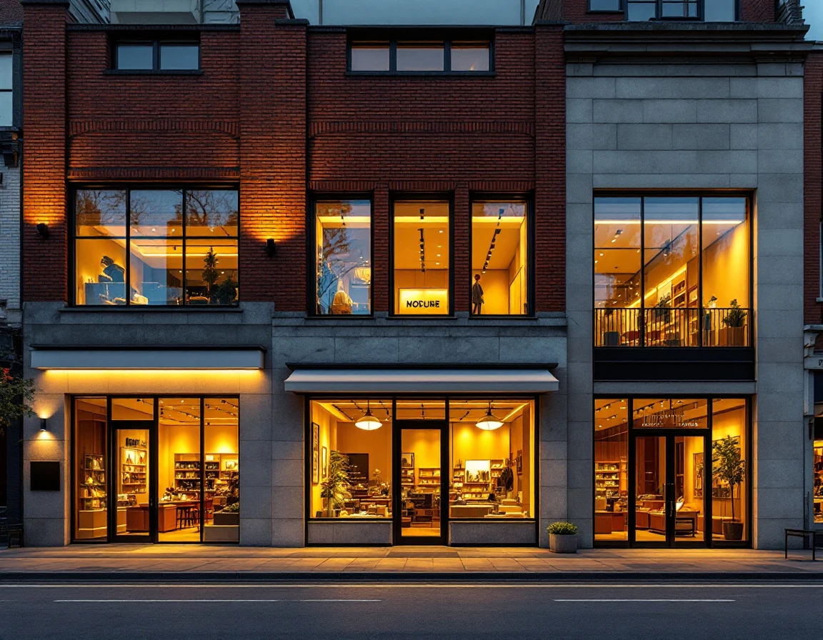 Three adjacent retail storefronts of different sizes along an urban commercial street at dusk