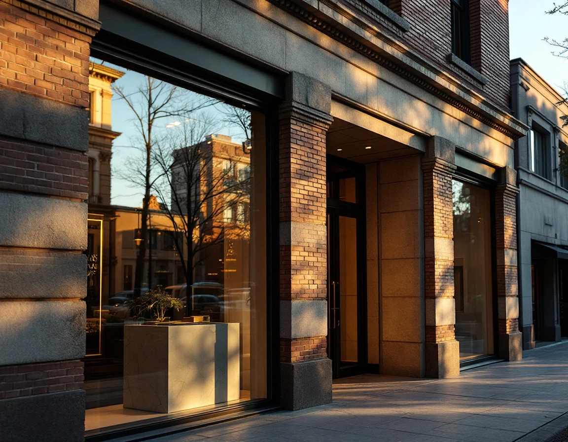 Luxury retail storefront with weathered brick facade and display windows in upscale shopping district