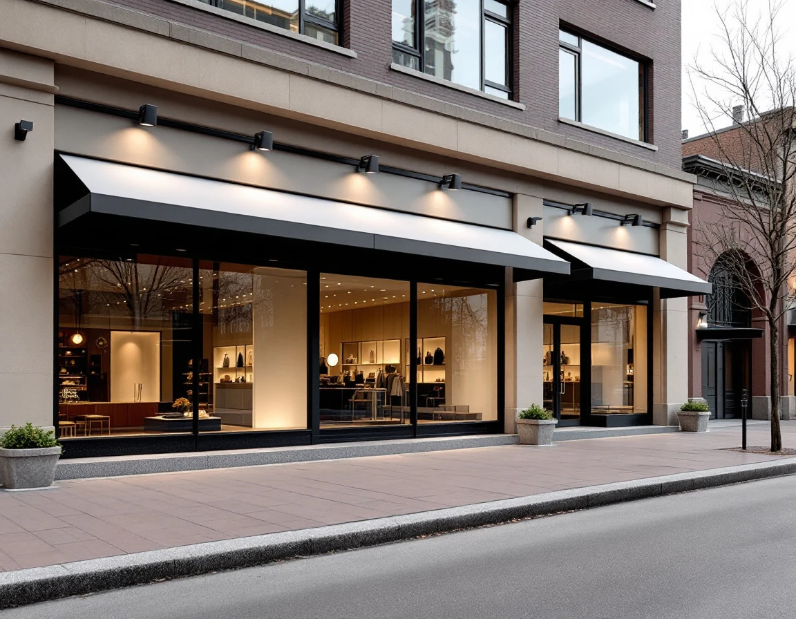 Modern retail storefront with reflective windows and clean architectural lines on an urban street