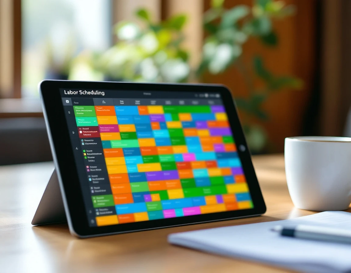 Tablet displaying colorful scheduling blocks in retail workforce planning software on wooden office desk
