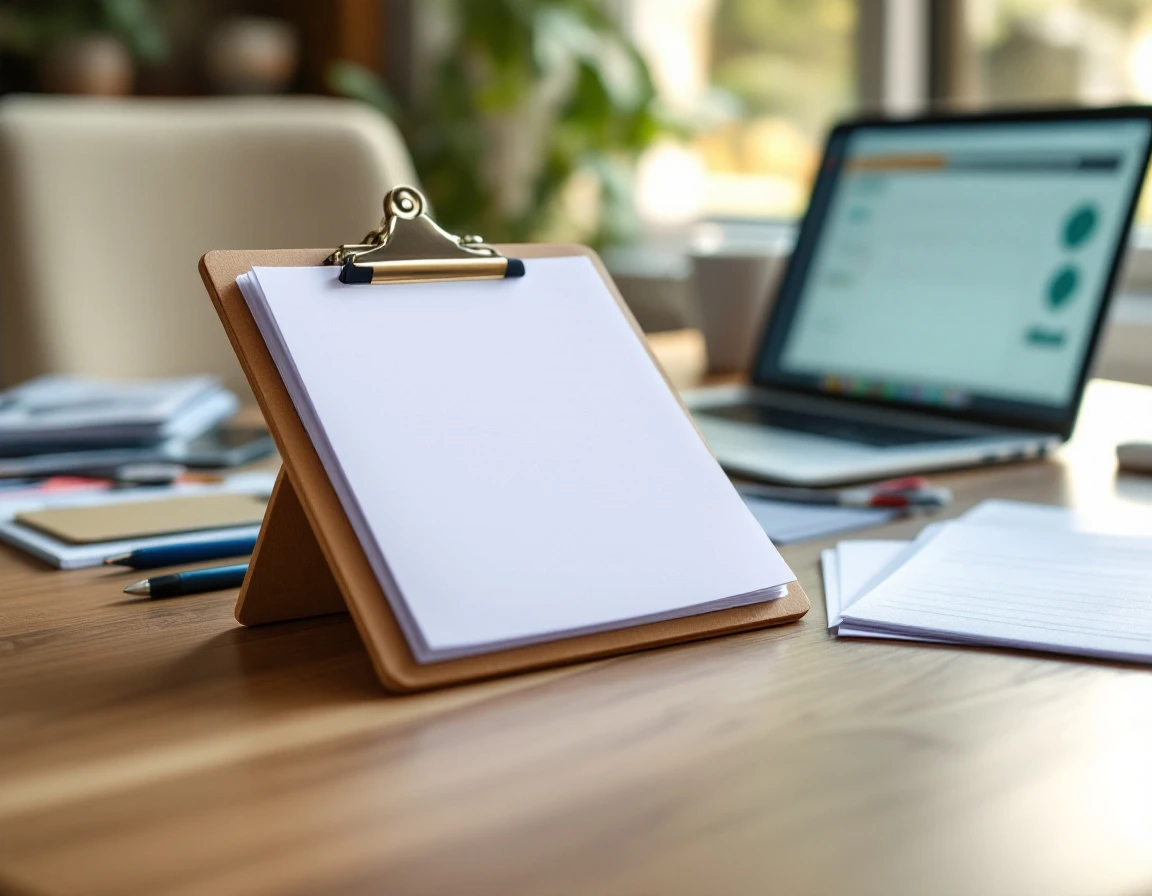 Office desk with planner, clipboard, and coffee mug in natural window light for holiday coverage planning