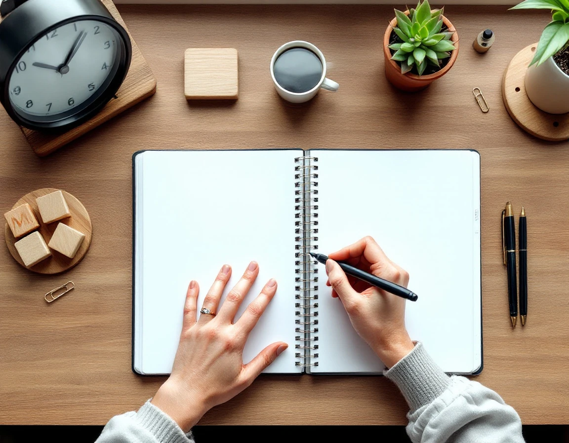 Hands with pen over blank planner on desk with clock, timer, and organizational tools for scheduling policy work