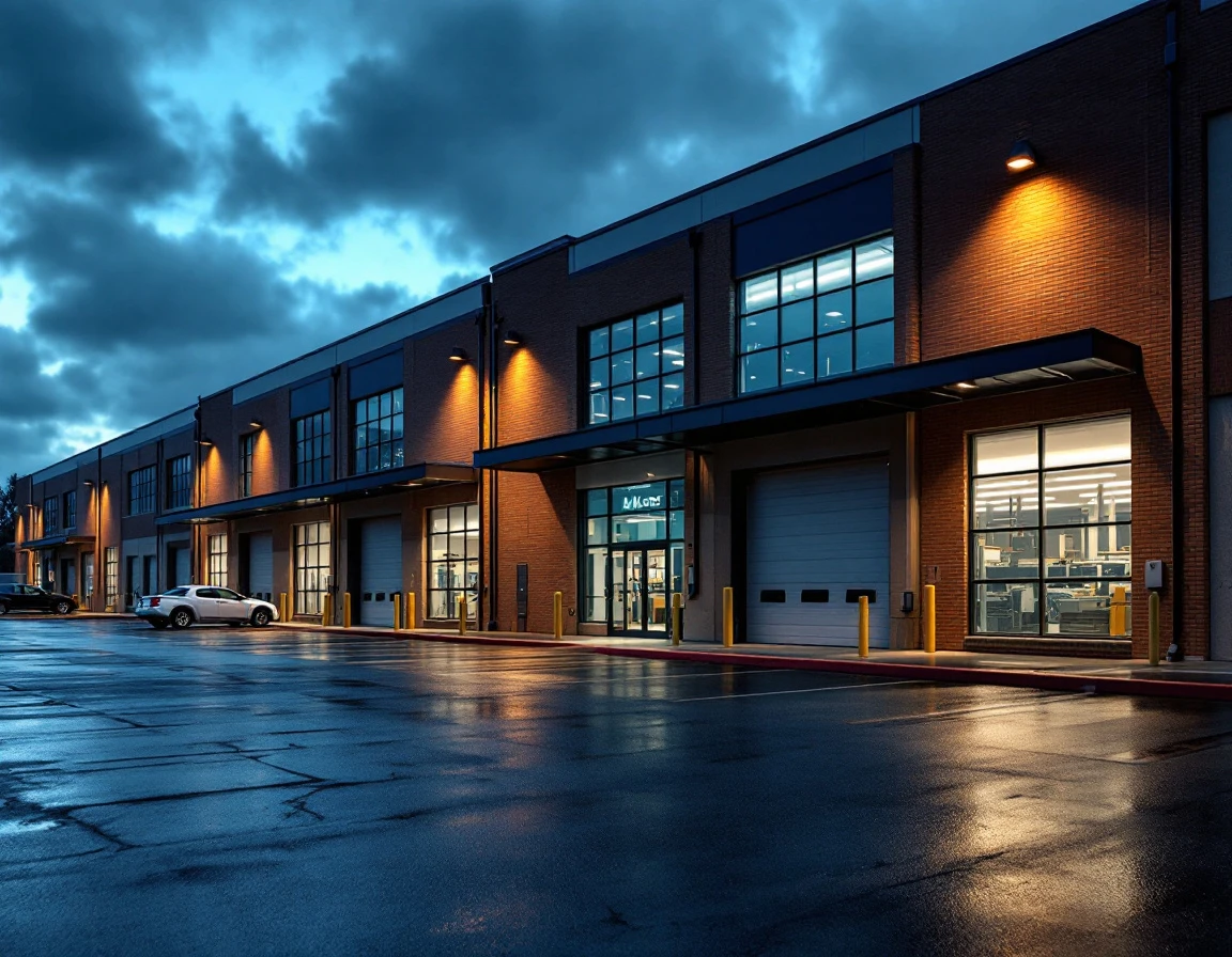 Modern retail warehouse exterior at dusk with loading docks and parking lot during operational transition