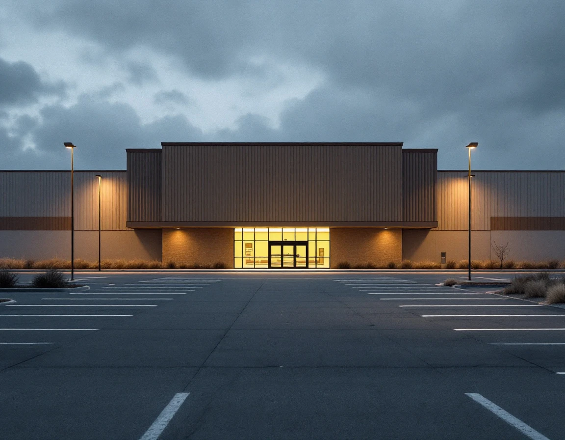 Vacant retail building with empty parking lot during operational transition period