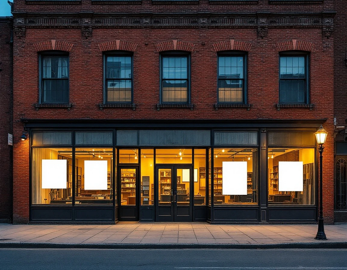 Vacant brick retail building at dusk with removed signage showing architectural structure of closed storefront
