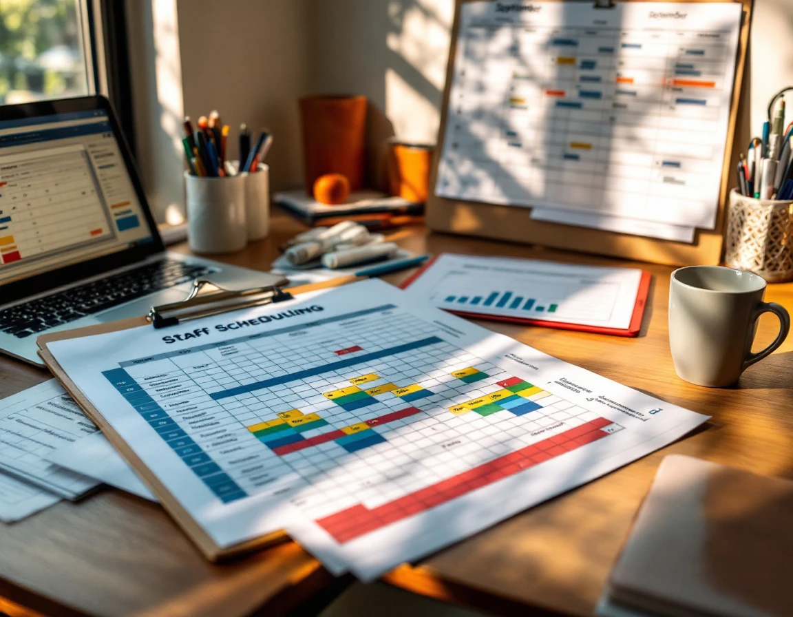 Workspace with printed staff coverage schedules, skill matrices, and calendar planning materials on wooden desk