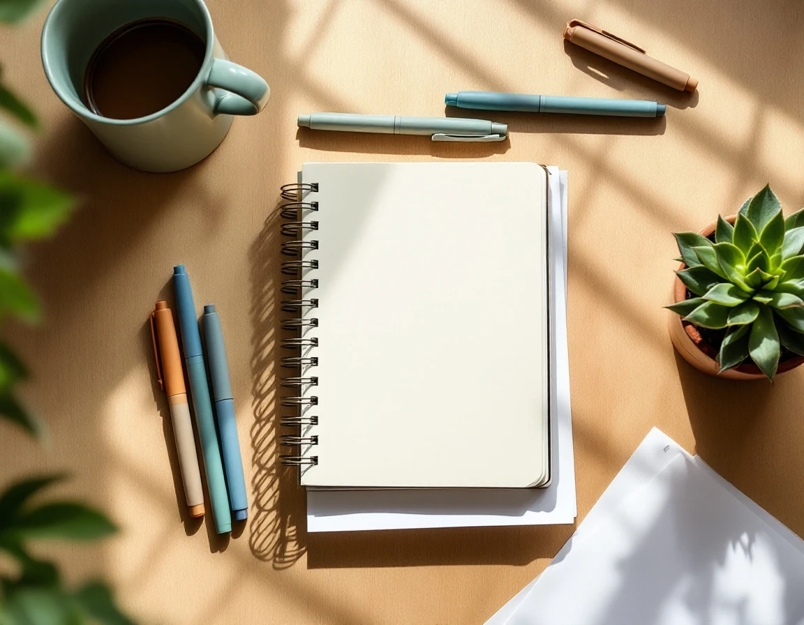 Blank notebook and markers on minimalist desk workspace with natural lighting