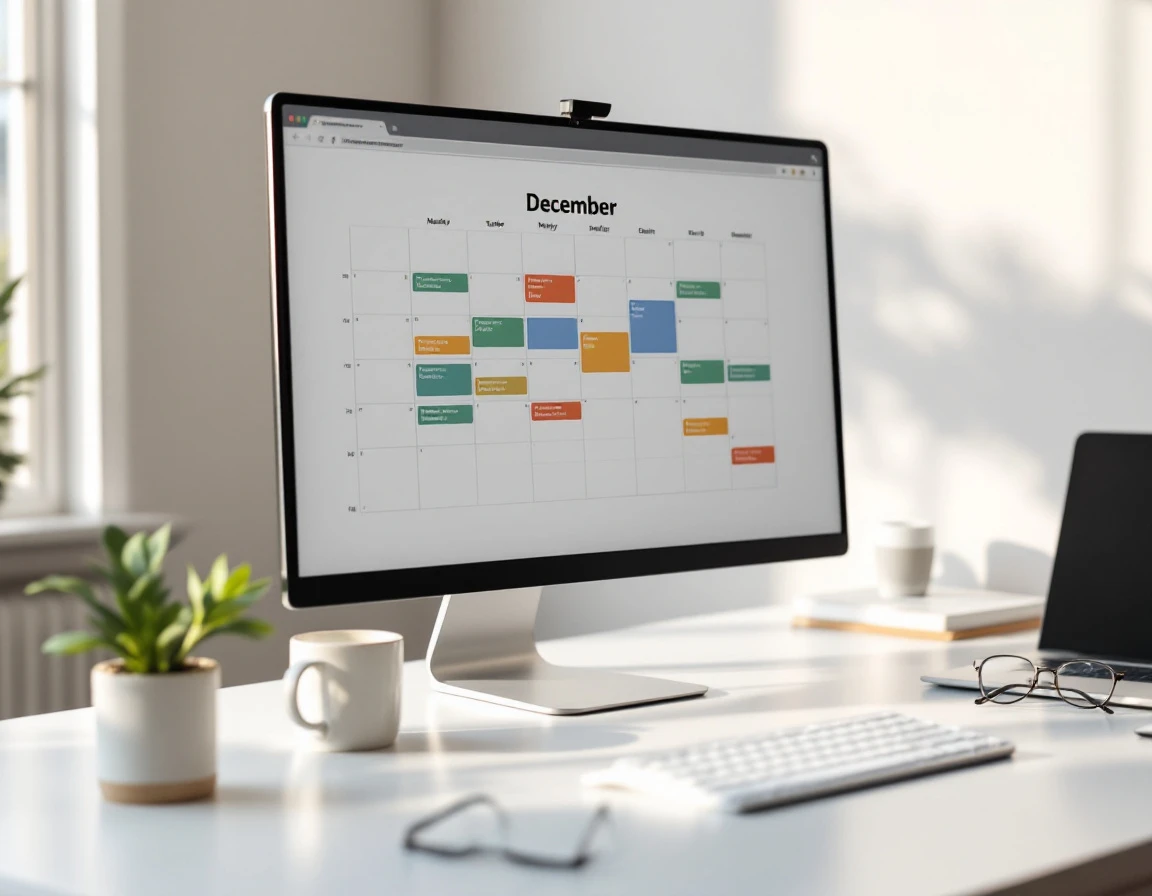 Computer monitor displaying digital scheduling calendar interface on clean office desk with natural window light