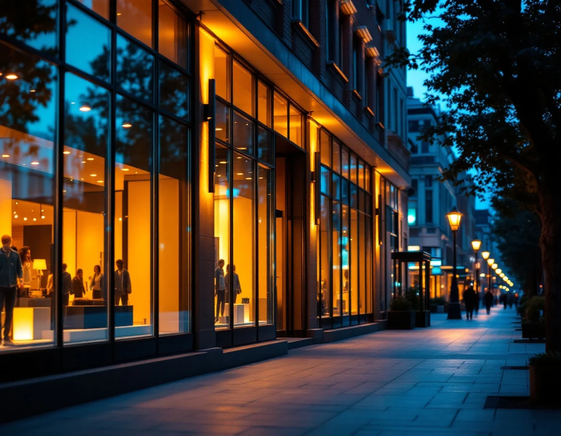 Retail storefronts at twilight with warm interior lighting along a commercial street