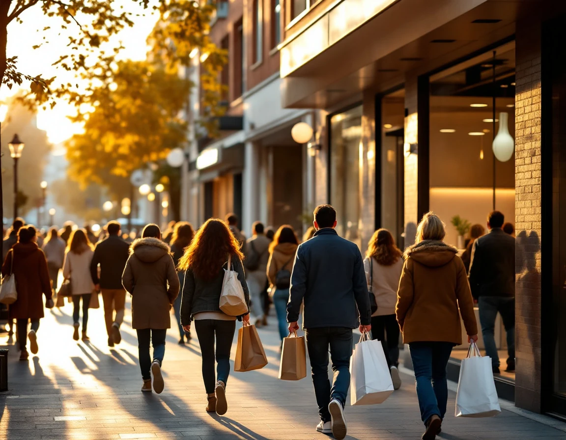 Retail street with diverse shoppers during golden hour showing workforce activity and customer flow patterns